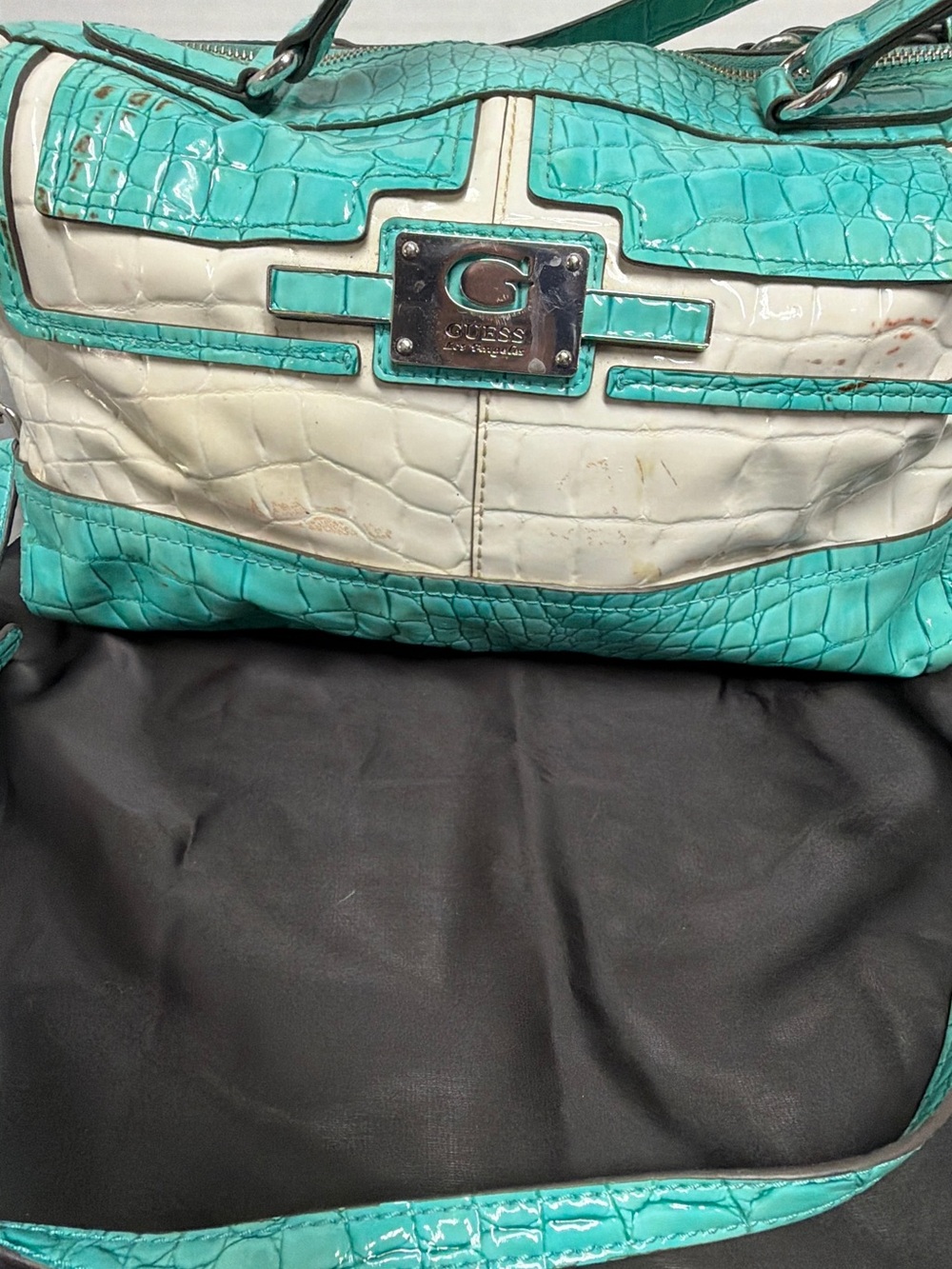 Guess Turquoise and Cream Croc-Embossed Shoulder Bag